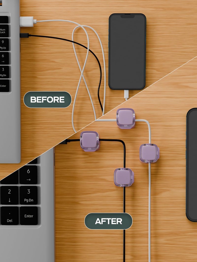 BRAMMH 6-Pack Magnetic Cord Holder, Cord Holder with Strong Magnetic Lid, Holds Cables Firmly, 7 mm Charger Holder & HDMI Cord Organizer Clips, Strong Adhesive Pad (Purple) - Image 3